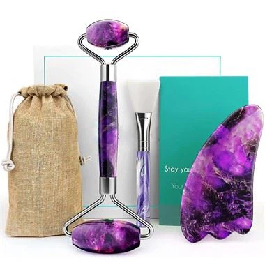 Roller de amatista 100% natural y Gua Sha Set