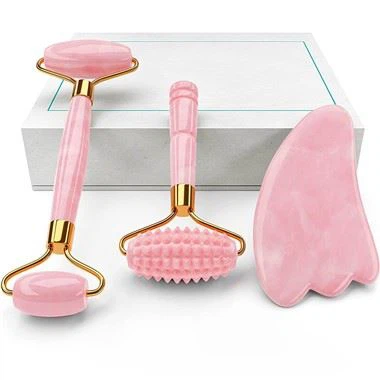 4- en -1 Rose Quartz Jade Roller y Gua Sha set