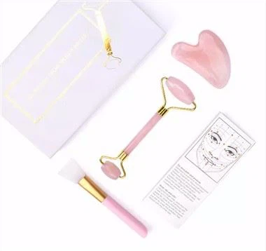 Juego de rodillos de jade de cuarzo rosa de mano Gem Gua Sha