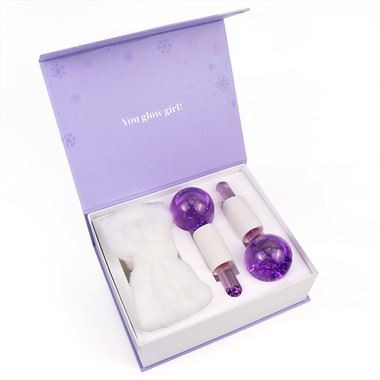 Globos de hielo púrpura masajeador de cara con banda para el cabello