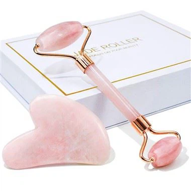 Juego de herramientas Gua Sha y rodillo de jade de cuarzo rosa